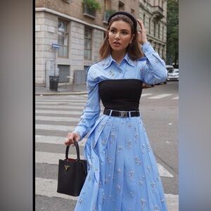 Commense Set- Elegant Light Blue Pleated Skirt with 2 in 1 Skinny Panel Polo Top